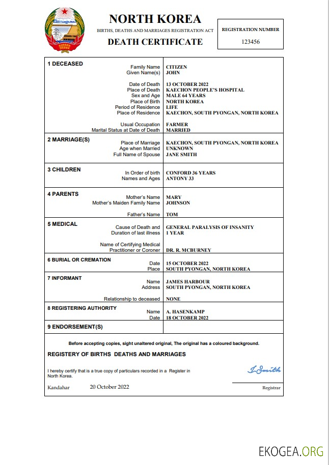Modèle Word et PDF de certificat de décès de l'état civil de la Corée du Nord